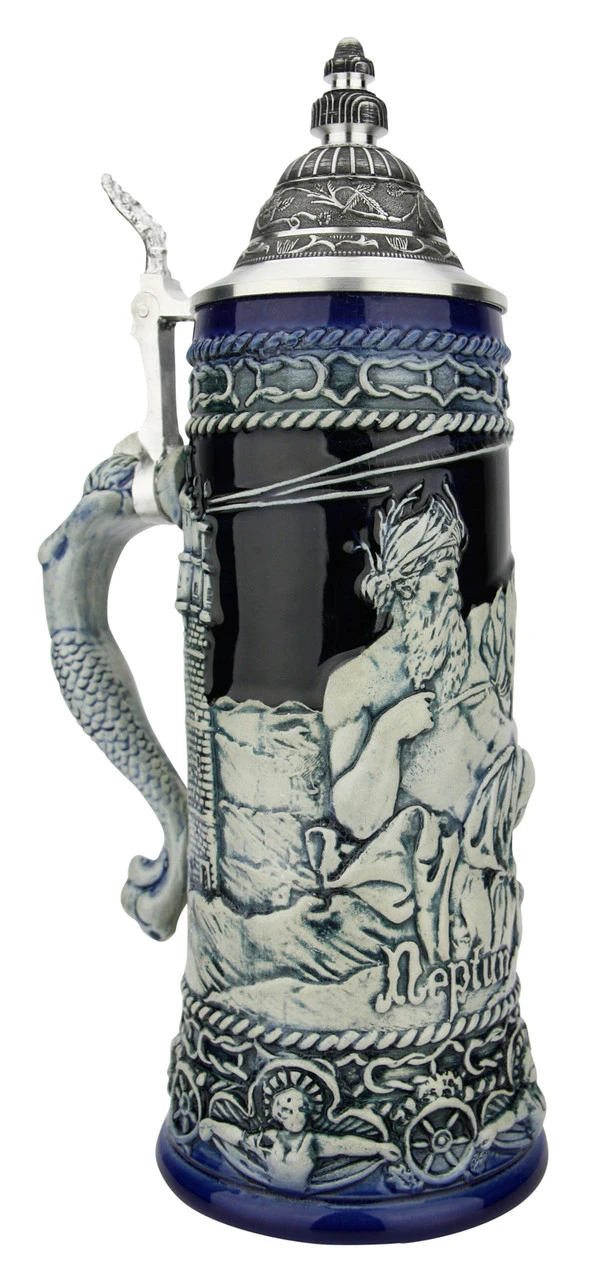 Neptune German Beer Stein With Mermaid Handle | Cobalt - Image 2