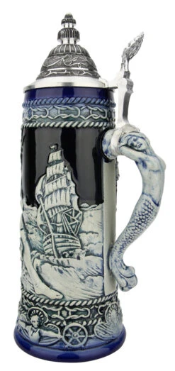 Neptune German Beer Stein With Mermaid Handle | Cobalt -Zimmermann Shop Neptune German Beer Stein with Mermaid Handle Cobalt T3121 RS SM 04561.1649792203