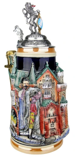 Neuschwanstein And King Ludwig Castle 3D Beer Stein With Lion Lid